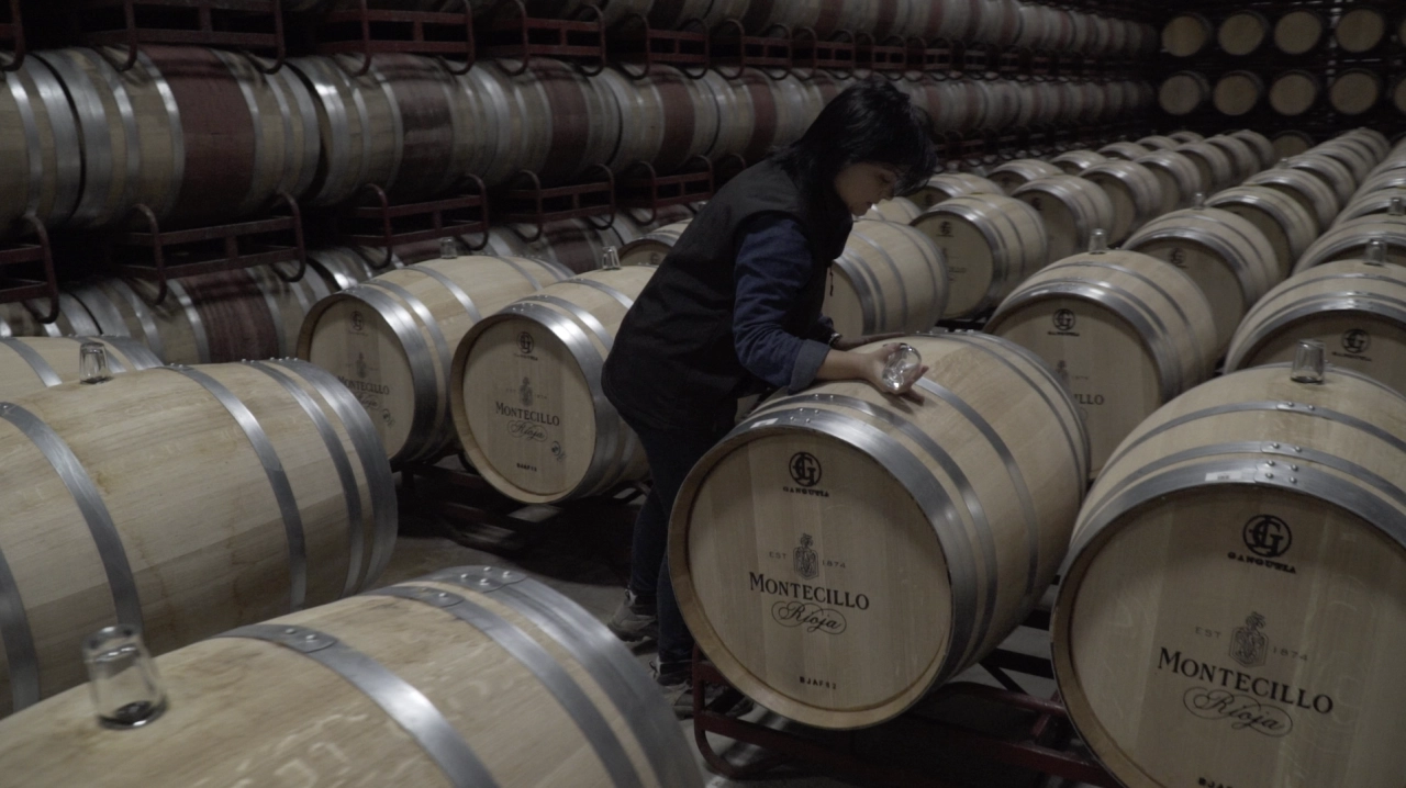 Merche revisando la fermentación del vino blanco en barrica